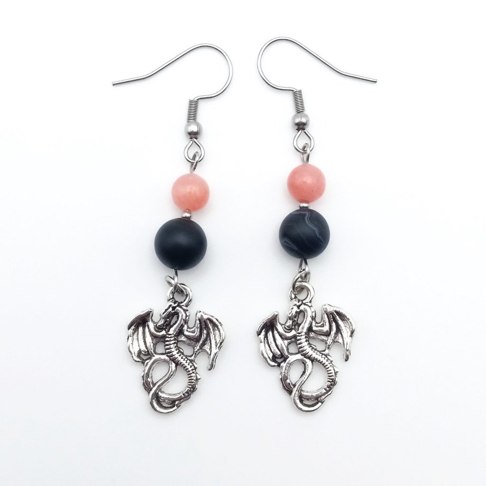 Dragon Quartz Agate Healing Chakra Gemstone Dangle Drop Earrings Handmade - Picture 2 of 6